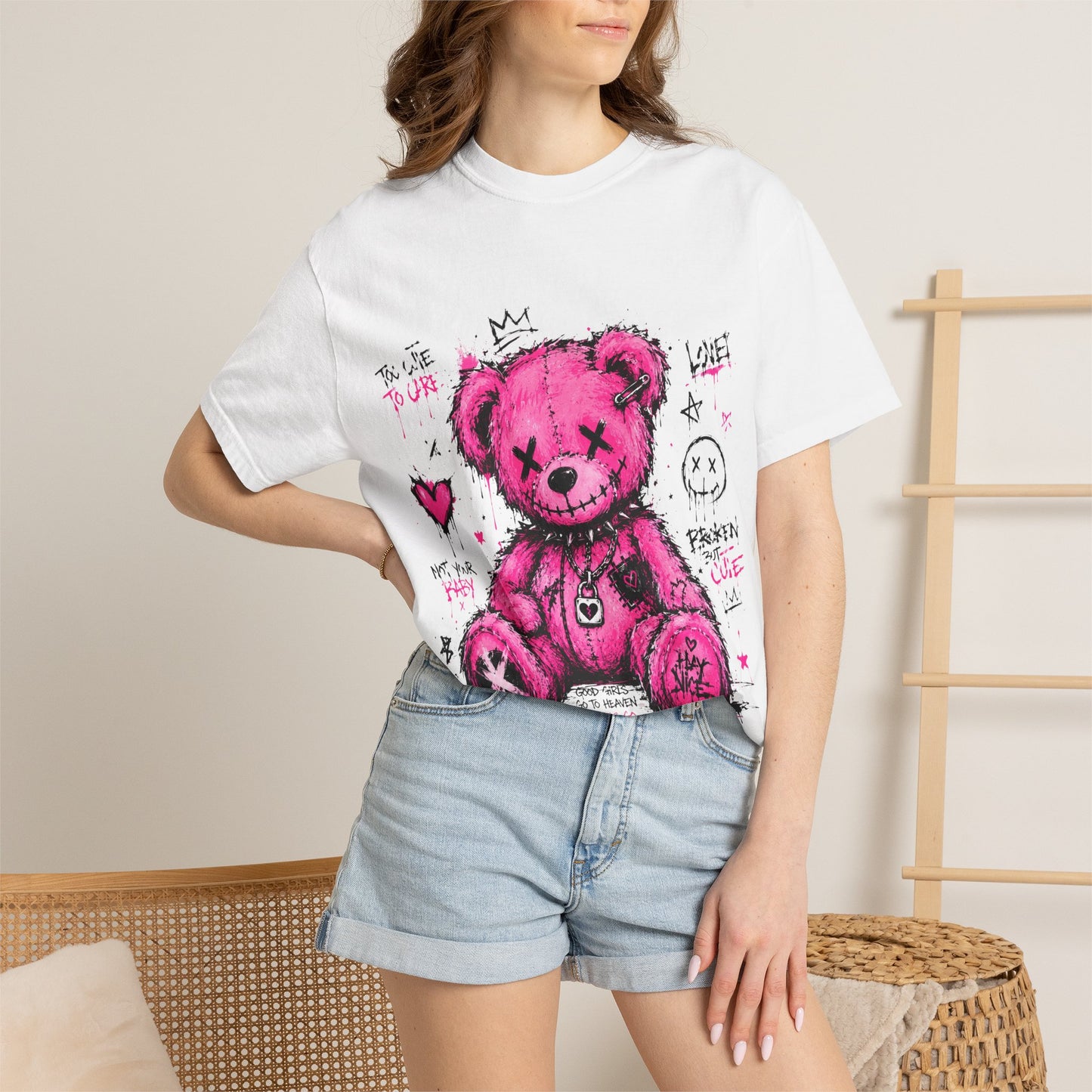 Pink Graffiti Teddy T-Shirt — Distressed Punk Bear Graphic Tee