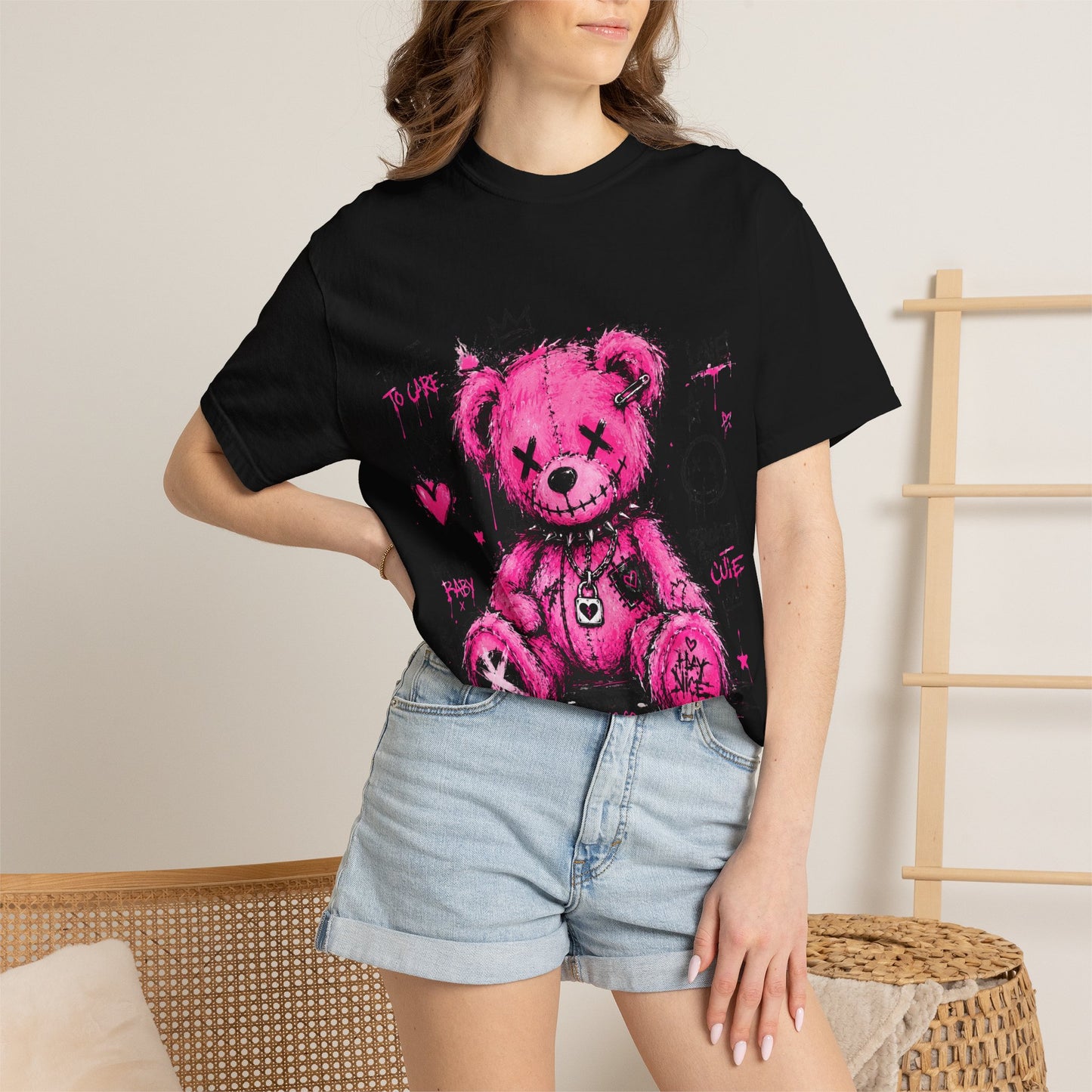 Pink Graffiti Teddy T-Shirt — Distressed Punk Bear Graphic Tee