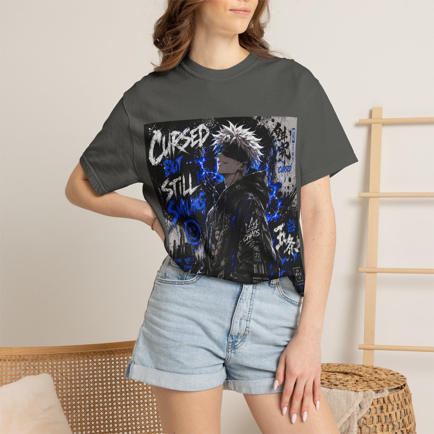 Cursed but Still Smiling T-Shirt — Anime Streetwear Graphic Tee