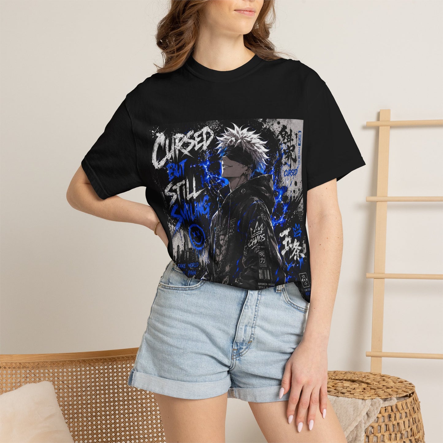 Cursed but Still Smiling T-Shirt — Anime Streetwear Graphic Tee