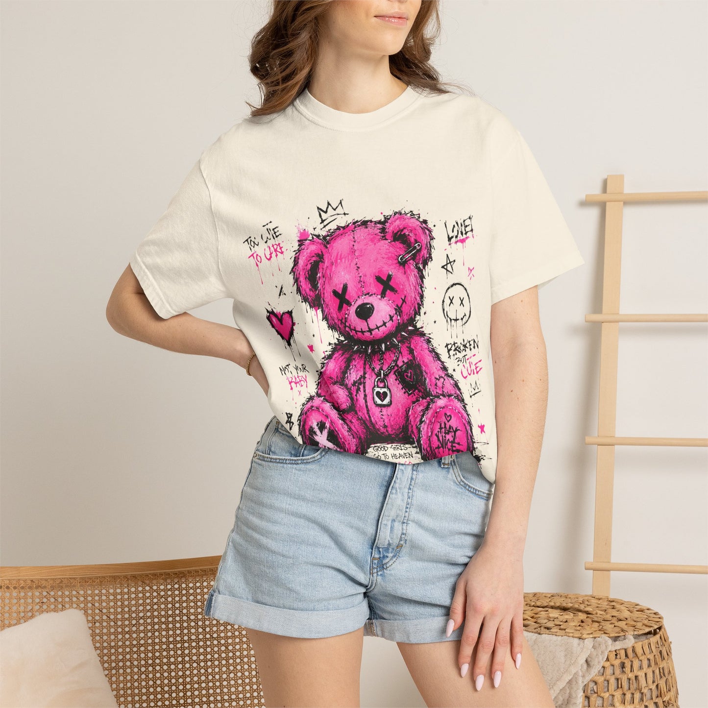 Pink Graffiti Teddy T-Shirt — Distressed Punk Bear Graphic Tee