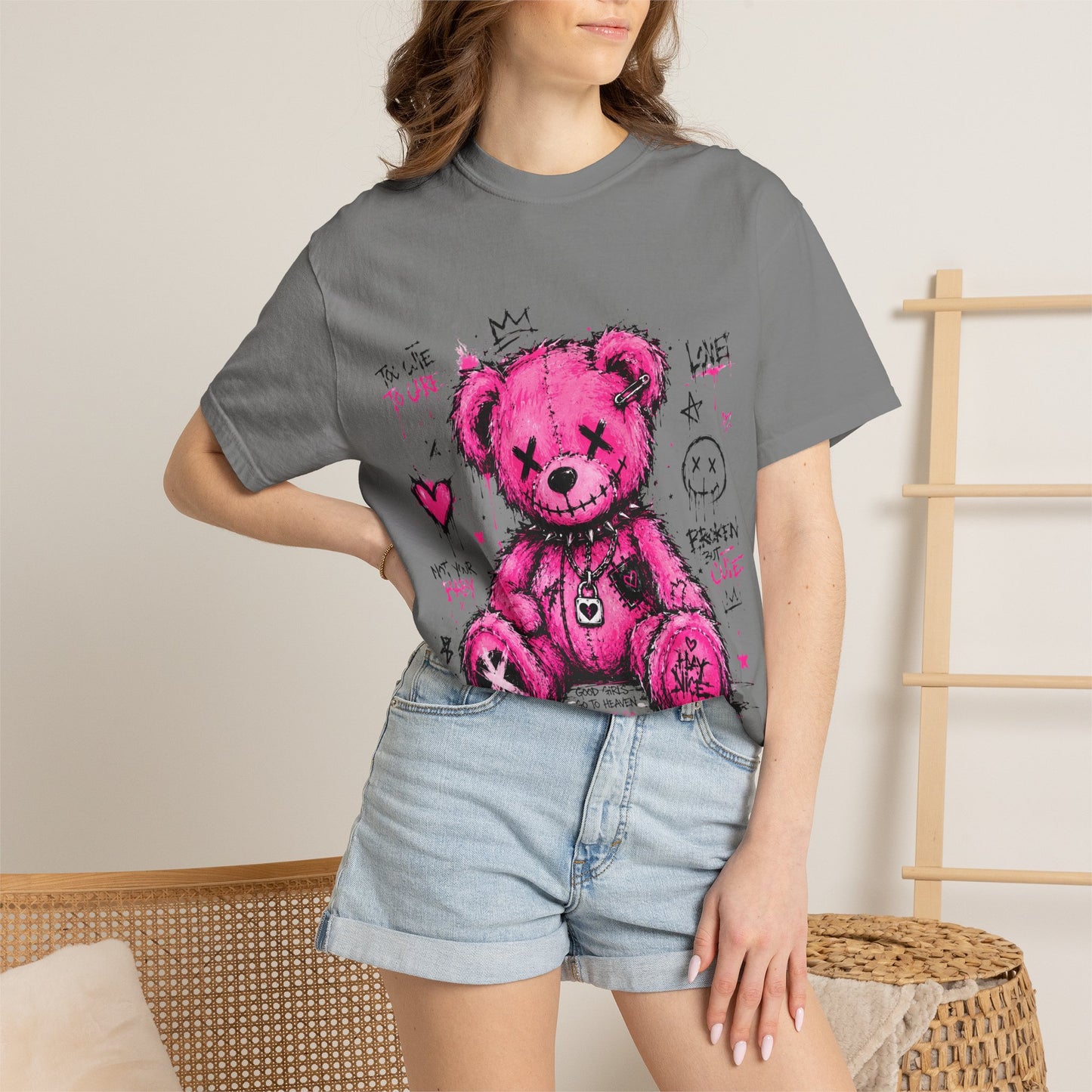 Pink Graffiti Teddy T-Shirt — Distressed Punk Bear Graphic Tee