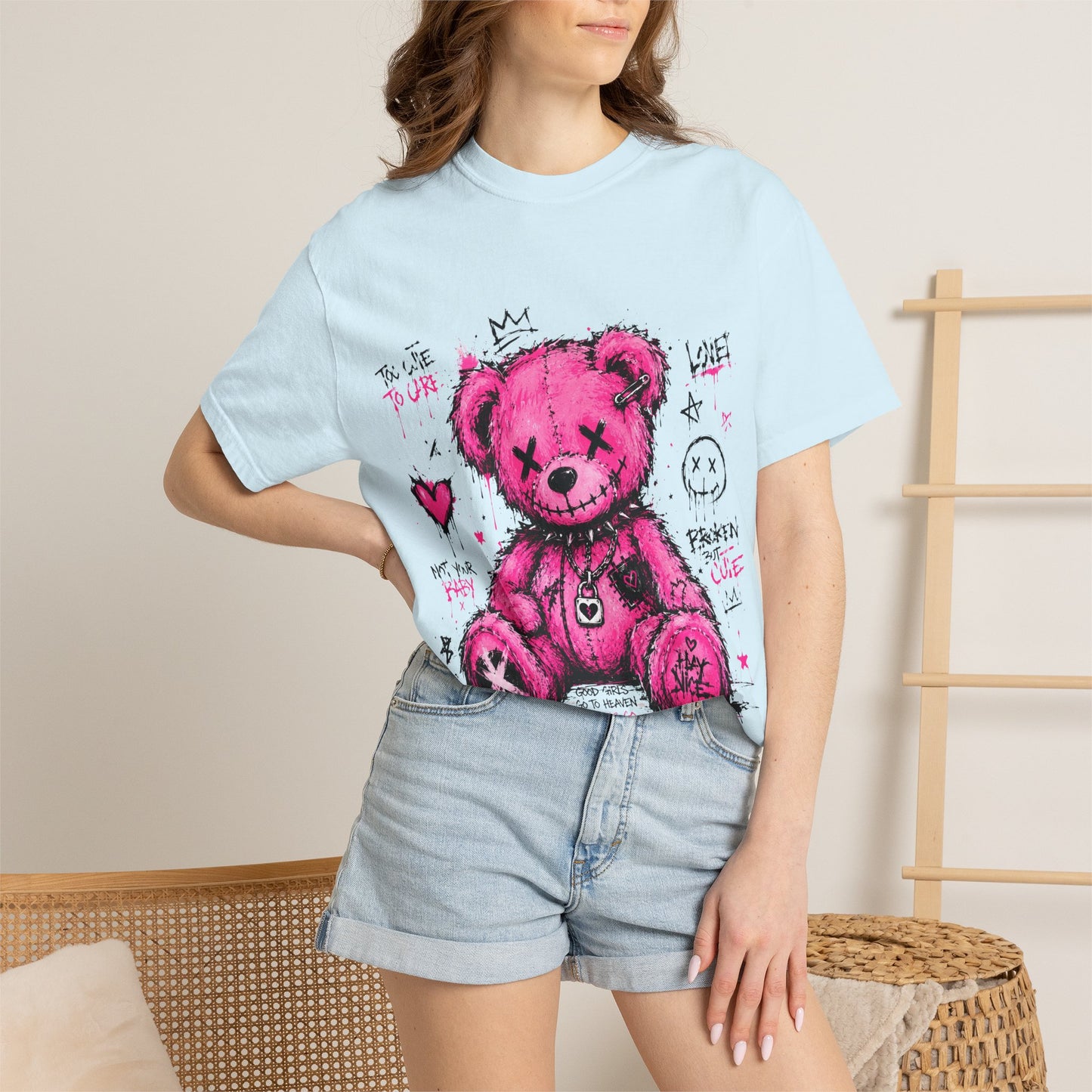 Pink Graffiti Teddy T-Shirt — Distressed Punk Bear Graphic Tee