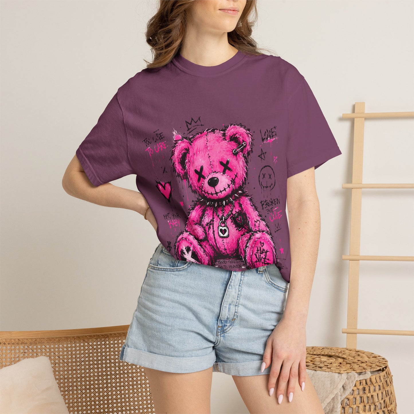 Pink Graffiti Teddy T-Shirt — Distressed Punk Bear Graphic Tee