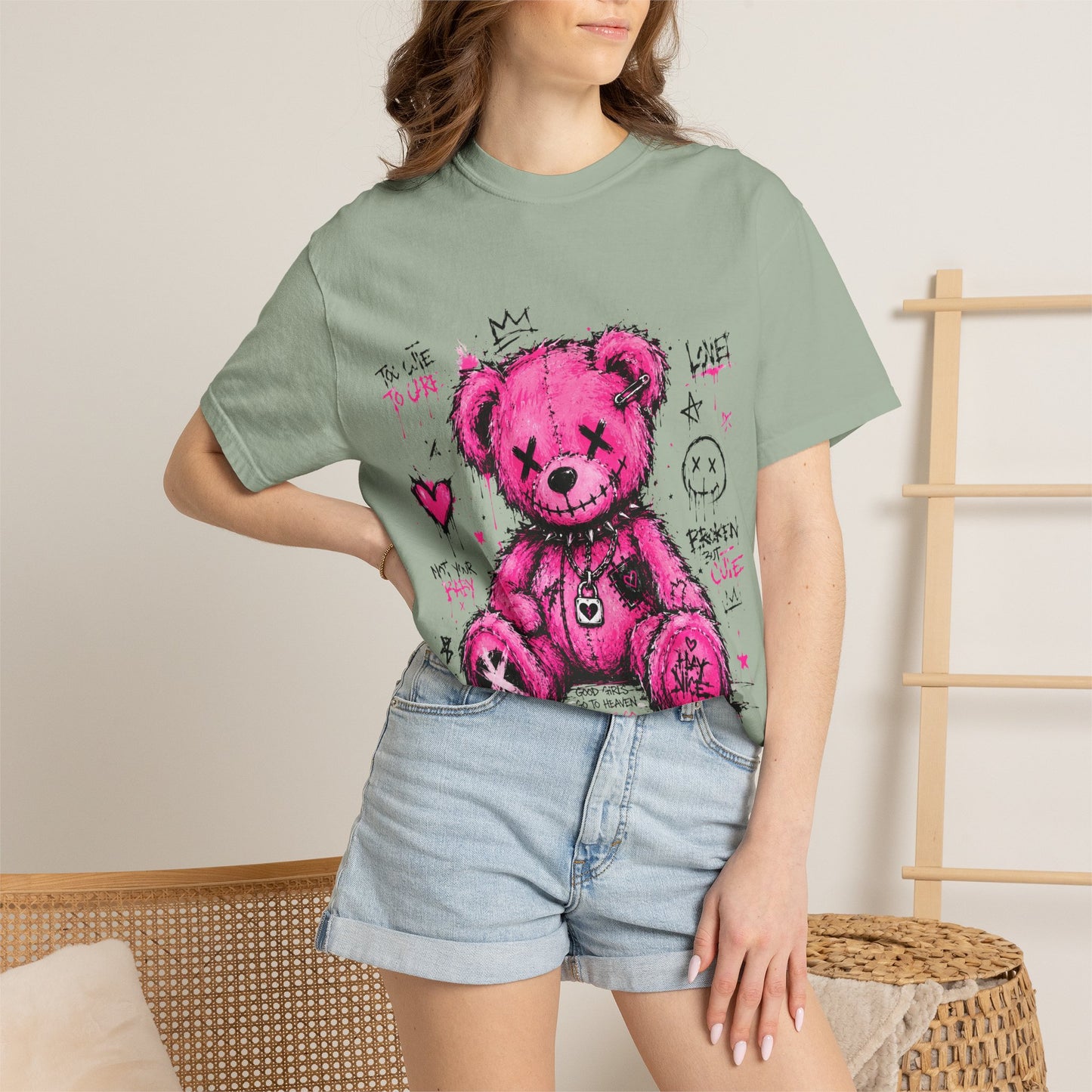 Pink Graffiti Teddy T-Shirt — Distressed Punk Bear Graphic Tee