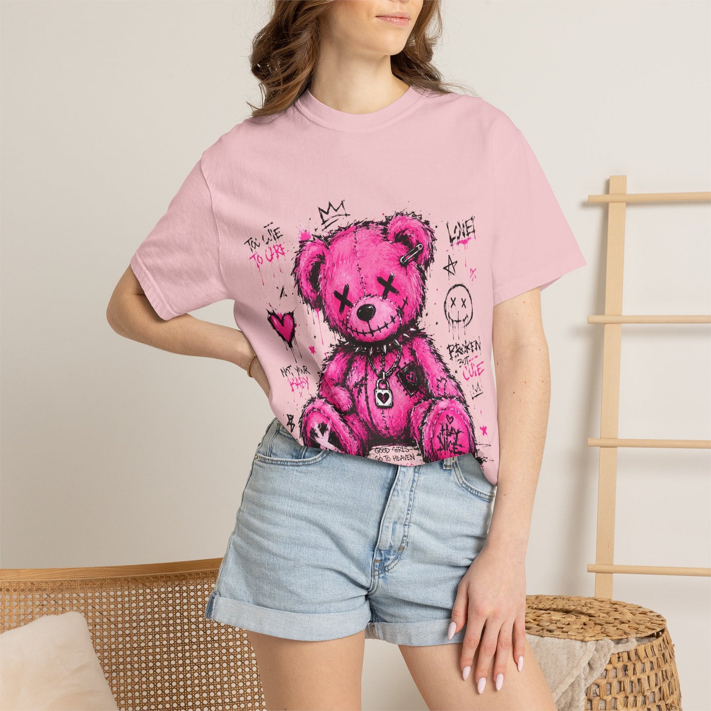 Pink Graffiti Teddy T-Shirt — Distressed Punk Bear Graphic Tee