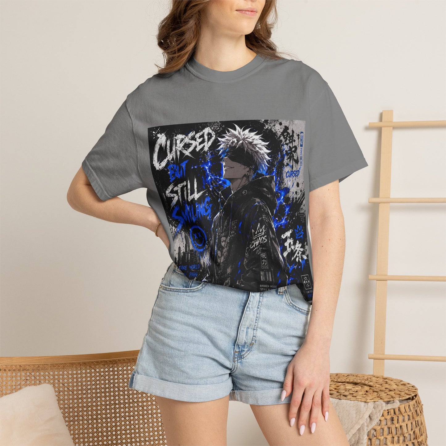 Cursed but Still Smiling T-Shirt — Anime Streetwear Graphic Tee